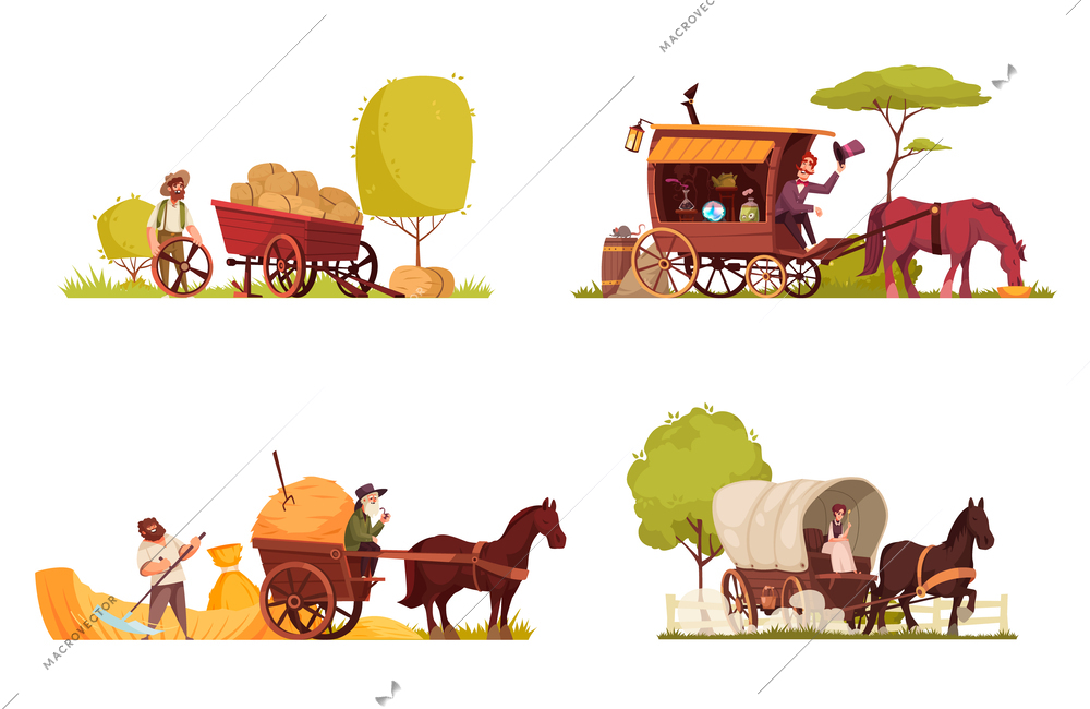 Horse drawn vehicles 2x2 compositions set of carriage coach cart and wagon with two and four wheels cartoon vector illustration