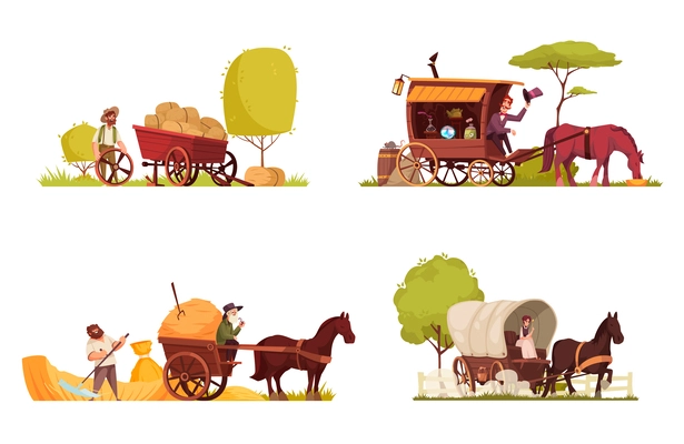 Horse drawn vehicles 2x2 compositions set of carriage coach cart and wagon with two and four wheels cartoon vector illustration