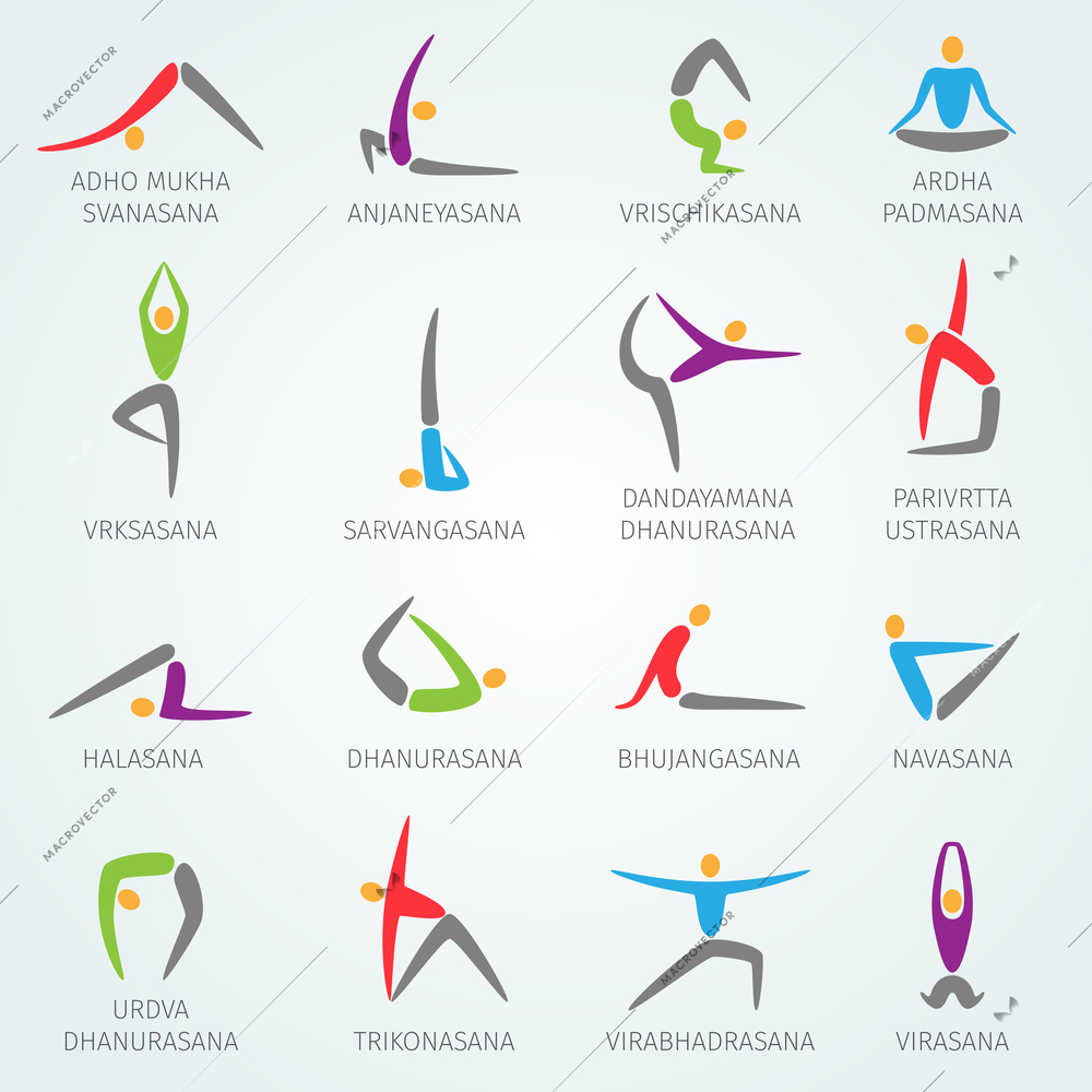 Yoga positions with names physical workout training icons set isolated vector illustration