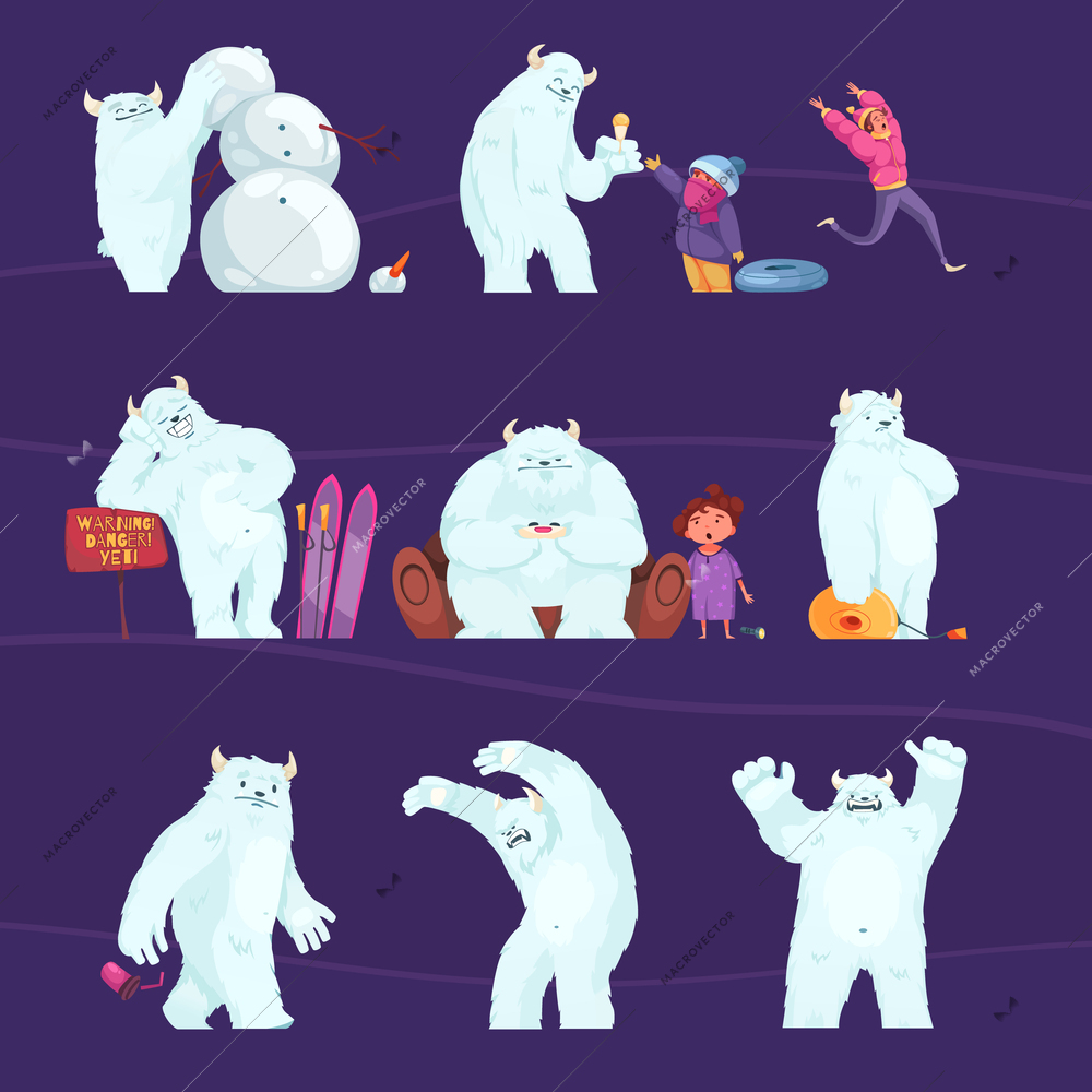 Funny yeti characters and little children contacting with bigfoot cartoon set isolated on violet background vector illustration