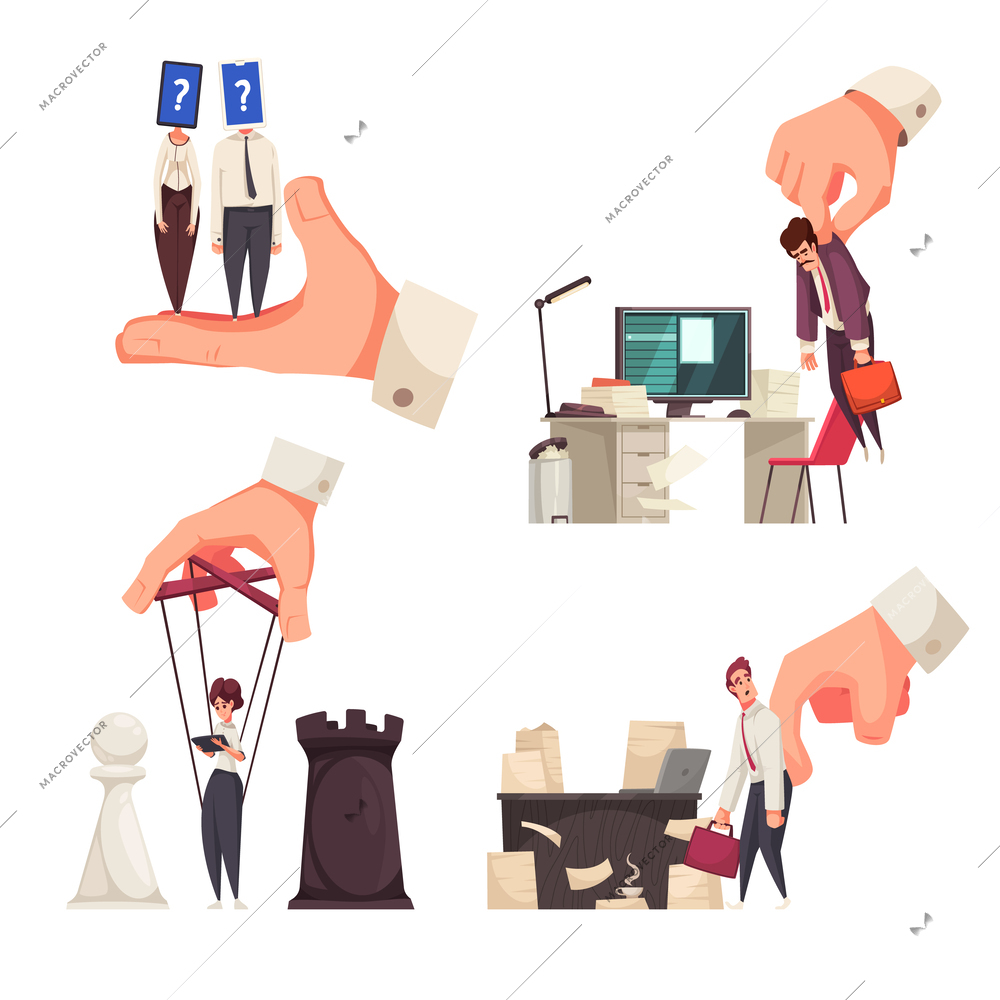 Manipulation 2x2 cartoon design concept set of puppeteer big hands controlling small puppets flat vector illustration