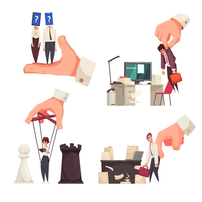 Manipulation 2x2 cartoon design concept set of puppeteer big hands controlling small puppets flat vector illustration