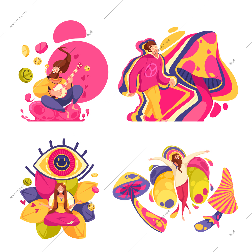 Hallucination 2x2 design concept set of hippie characters under influence of trippy mushrooms cartoon vector illustration