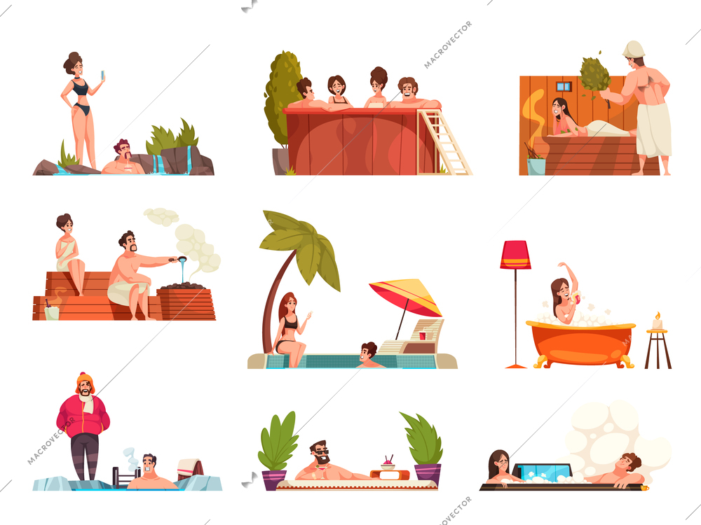 Bathing cartoon set of people relaxing in thermal waters jacuzzi sauna dipping in ice hole isolated vector illustration