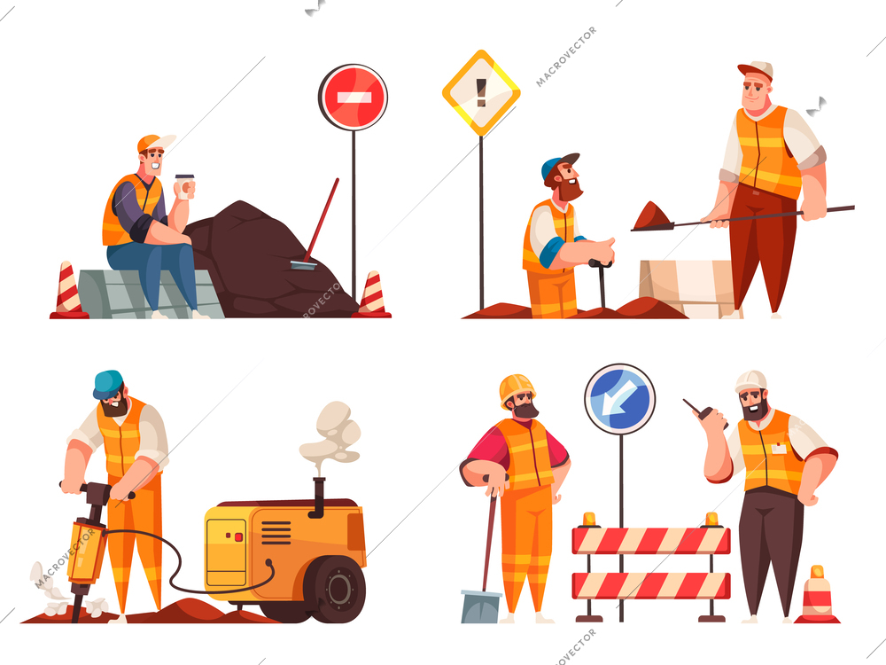 Road repair 2x2 design concept set of  male characters working with jackhammer and shovel cartoon compositions flat vector illustration