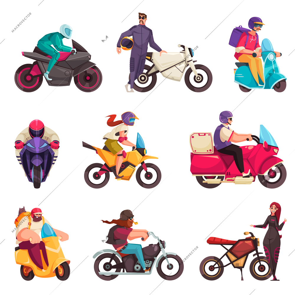 Motorcycle cartoon icons set with male and females bikers and bikes isolated vector illustration