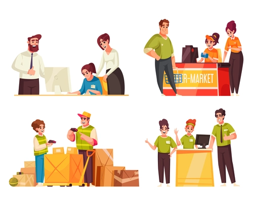 Teenager work compositions set with personal assistant cashier and salesperson cartoon isolated vector illustration