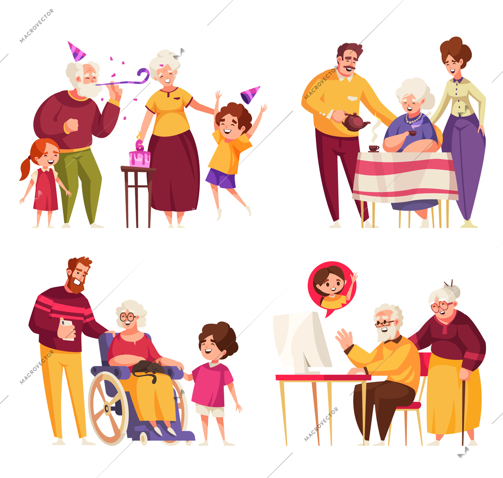 Old people compositions set with older and younger members of the family isolated vector illustration