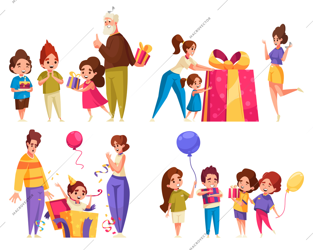 Holiday presents cartoon icons set with family celebration scenes isolated vector illustration