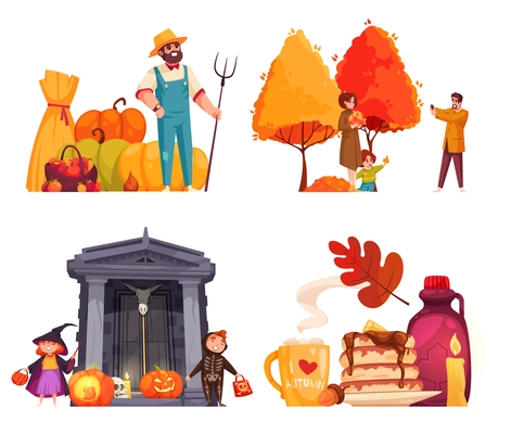 Fall cartoon set with autumn symbols and holidays isolated vector illustration
