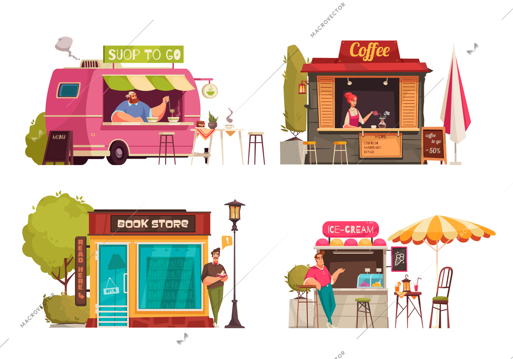 Owner of small business 2x2 design concept set of suop to  go coffee book store ice cream compositions flat vector illustration