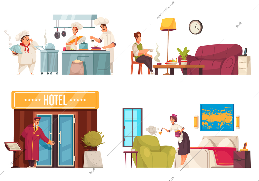 Hotel 2x2 compositions with doorman at entrance chambermaid  cleaning room chefs cooking dishes in restaurant flat vector illustration