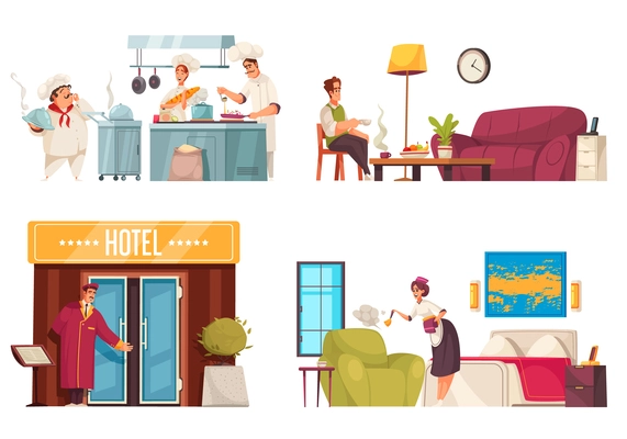 Hotel 2x2 compositions with doorman at entrance chambermaid  cleaning room chefs cooking dishes in restaurant flat vector illustration