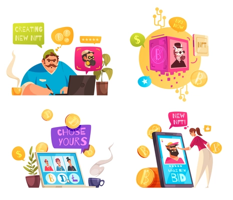 NFT 2x2 compositions with people creating new items putting up for sale and buying tokens flat vector illustration