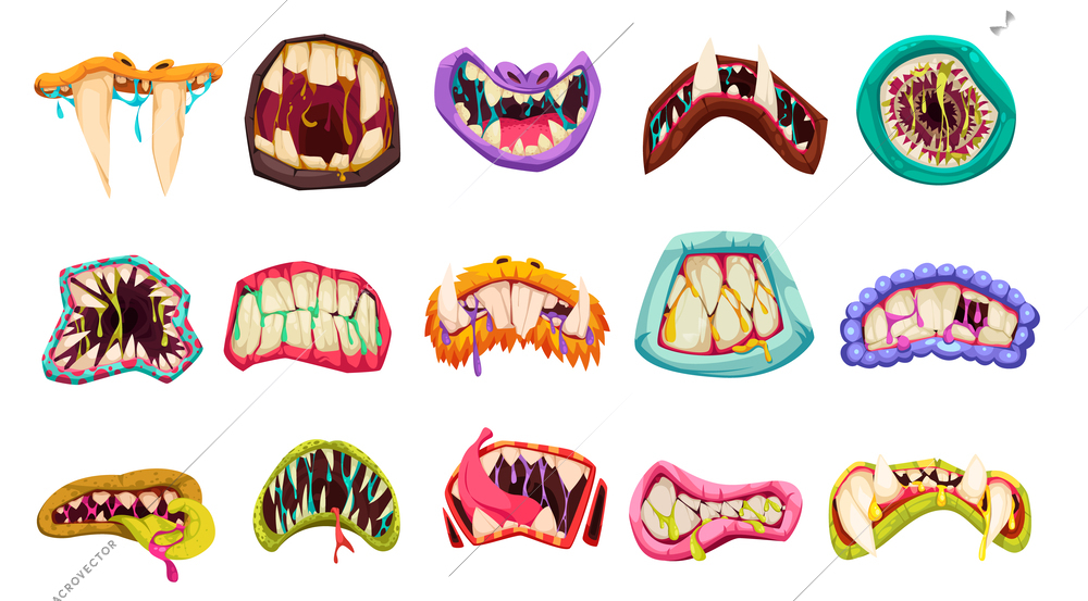 Monster mouth cartoon set of fancy shape isolated elements with fangs and teeth for game design flat vector illustration