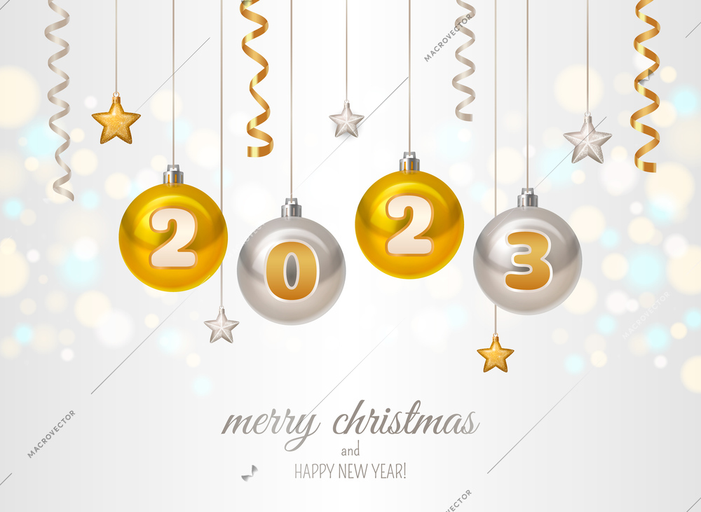 Realistic merry christmas new year 2023 poster with hanging silver and golden balls stars streamers on background with bokeh vector illustration