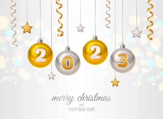 Realistic merry christmas new year 2023 poster with hanging silver and golden balls stars streamers on background with bokeh vector illustration