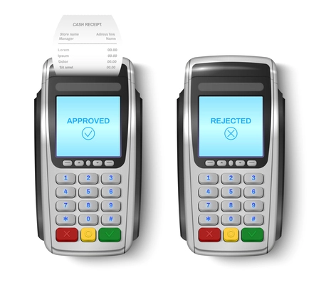 Two realistic POS terminals for acquiring bank service with approved and rejected functions on screens isolated vector illustration