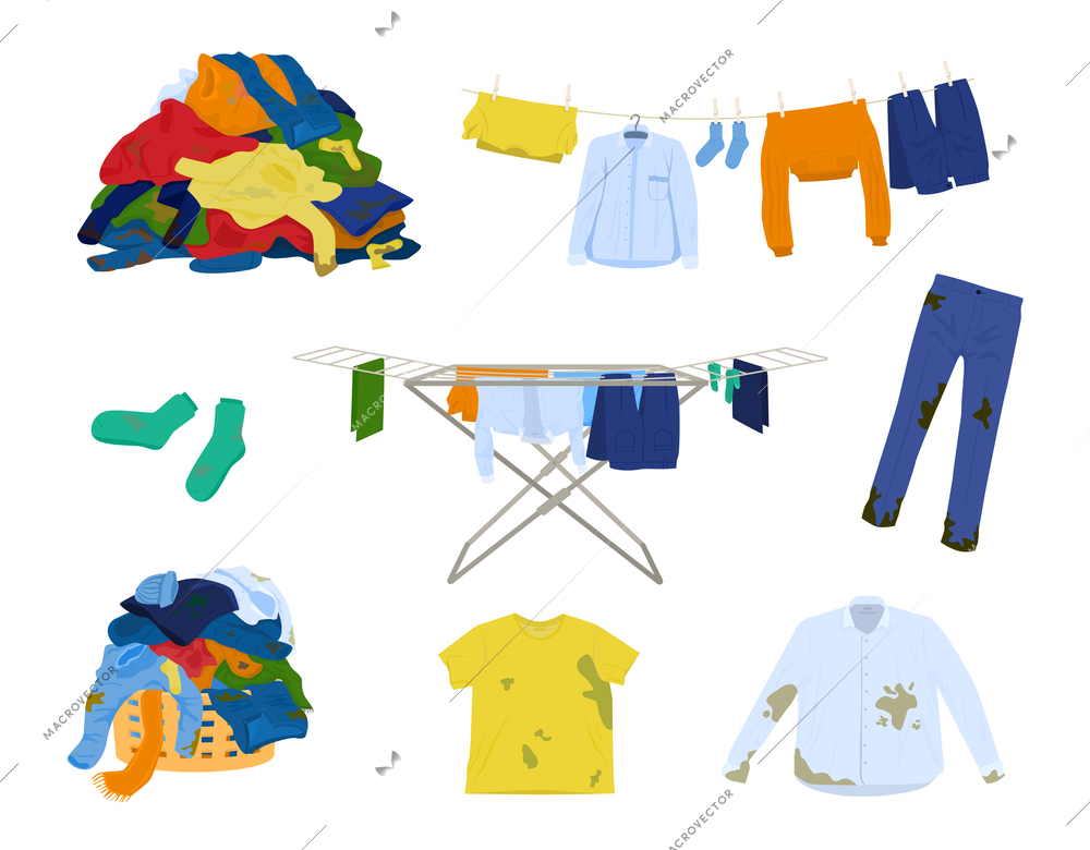 Laundry clothes flat set with isolated icons of hanging drying dirty clothes piles spots on shirts vector illustration