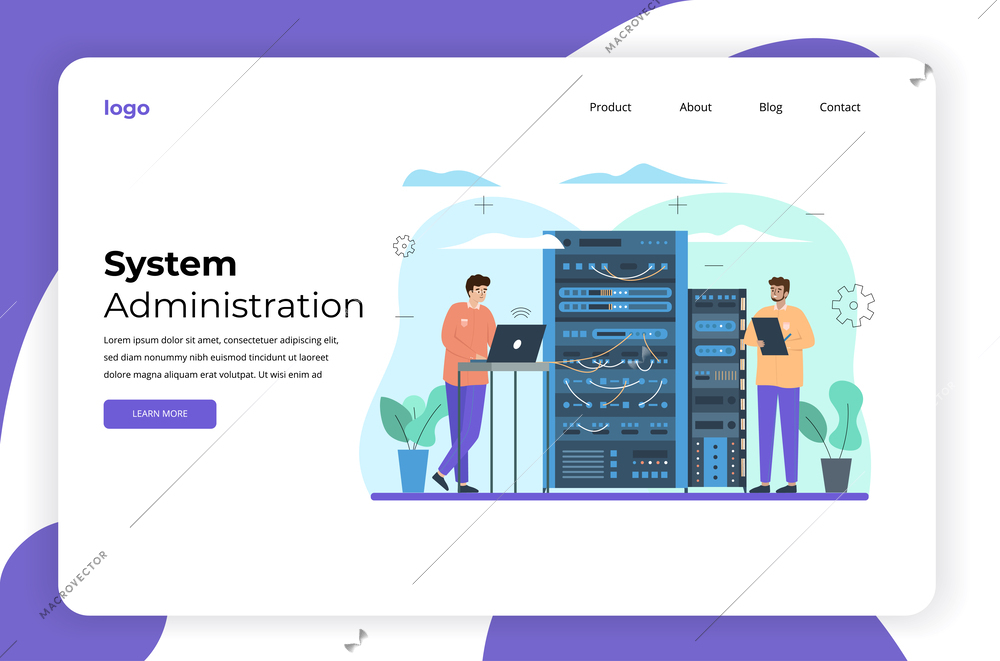 System administrator flat web site landing page with colorful images clickable links editable text and button vector illustration