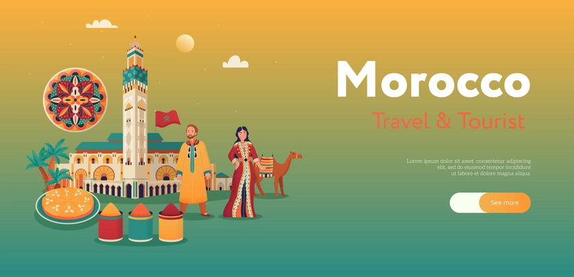 Travel to morocco flat horizontal banner with text landmark people condiments camel food rug vector illustration