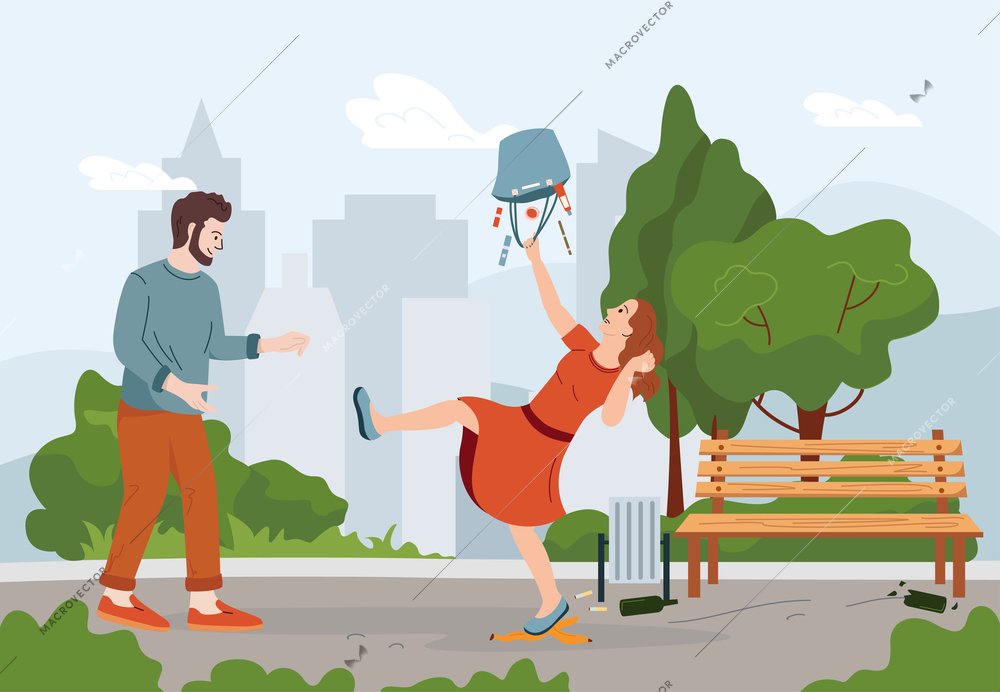 Household injuries flat composition with outdoor city park scenery and woman slipping down on banana skin vector illustration