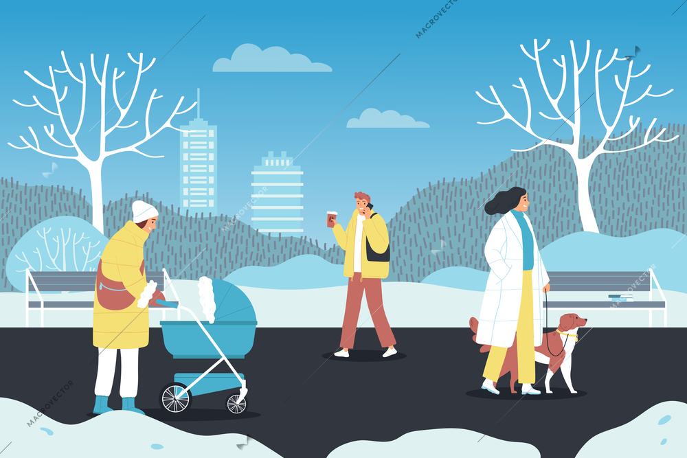 People in winter outwear walking along city park with baby dog coffee flat vector illustration