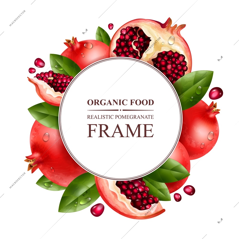 Pomegranate realistic frame with tasty healthy food symbols vector illustration