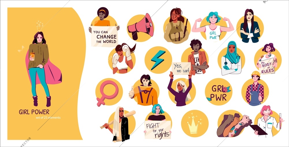 Girl power flat composition with active young women characters and slogan you can change the world vector illustration