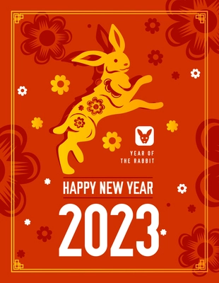 Happy new year 2023 vertical poster with rabbit chinese zodiac sign in red and yellow colors flat vector illustration