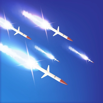 Realistic missiles flying against blue sky vector illustration