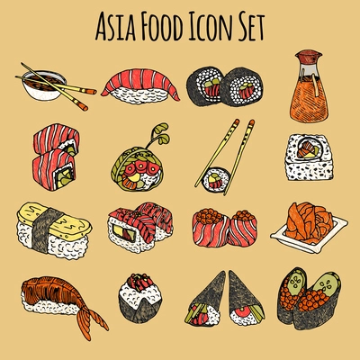 Asia food sketch decorative icon colored set with sushi and rolls isolated vector illustration