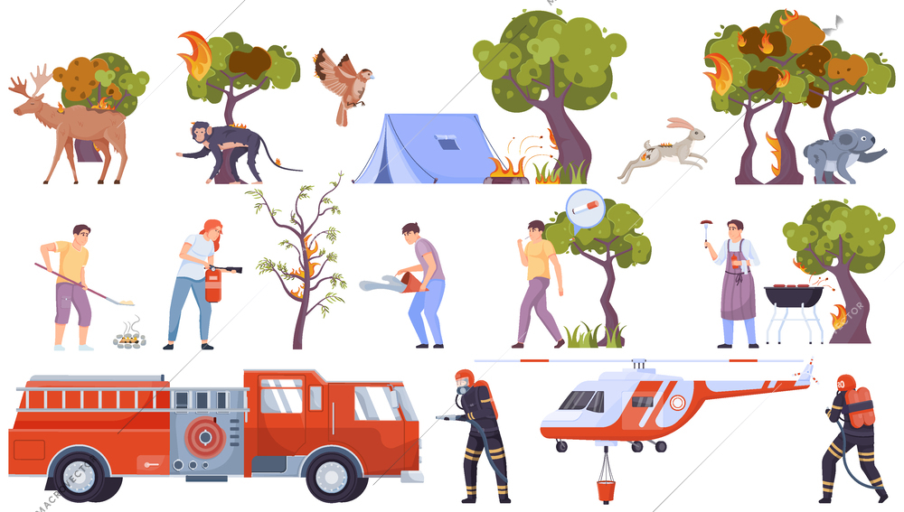 Forest fire flat icon set fire stricken wildlife burning tree tops abandoned cigarettes and fire trucks vector illustration