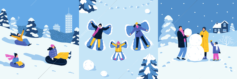 Winter holiday compositions set with people having fun outdoors making snowman angels going down hill isolated flat vector illustration