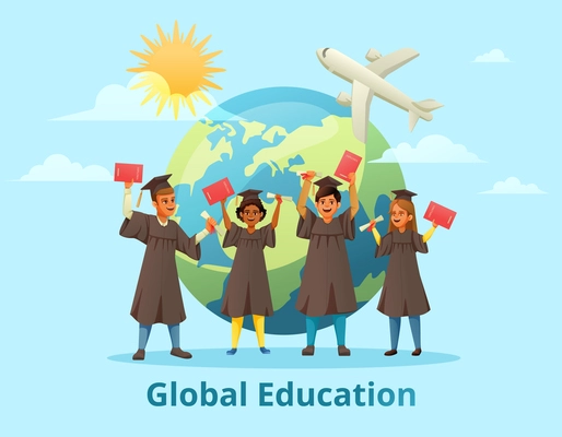 Global education student exchange cartoon background composition with group of graduated students earth globe and airplane vector illustration