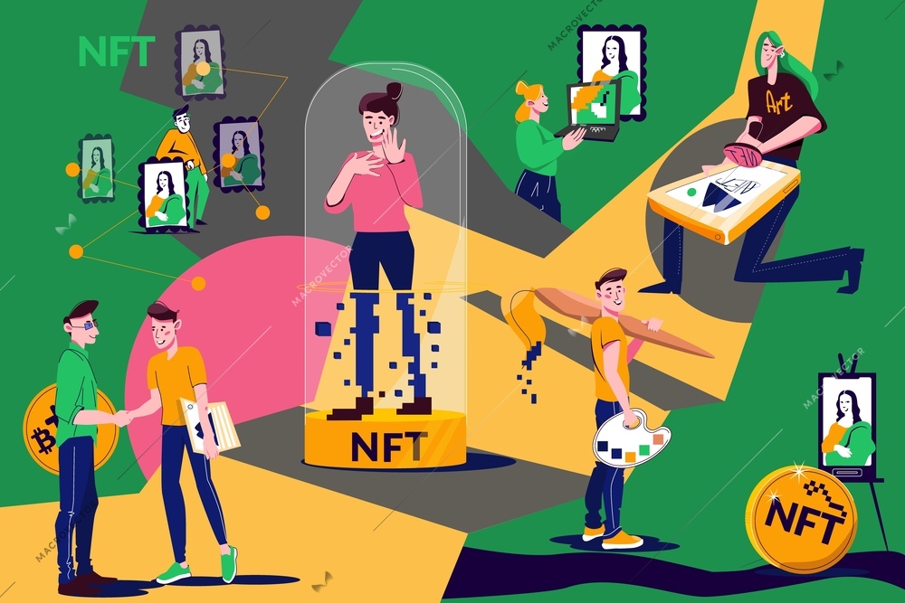 NFT token cryptocurrency flat collage composition sale of images in electronic format in a single copy by artists vector illustration