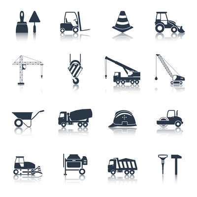 Construction icons black set with hammer crane helmet drill symbols isolated vector illustration