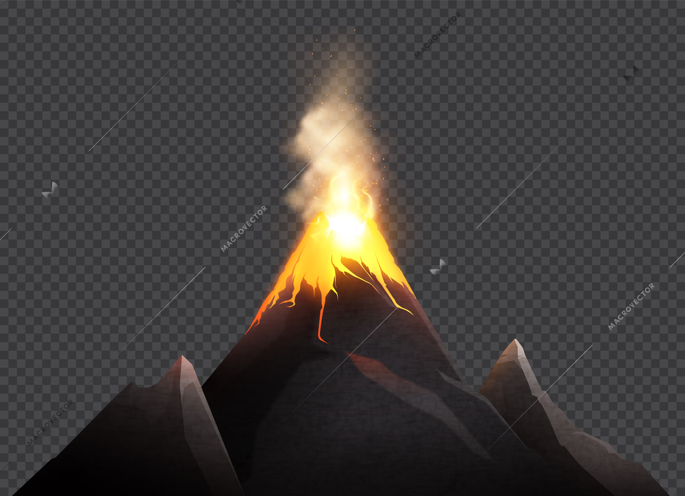 Lava melted volcano realistic composition with transparent background and isolated image of mountain range burning top vector illustration