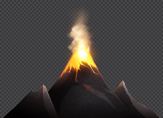 Lava melted volcano realistic composition with transparent background and isolated image of mountain range burning top vector illustration