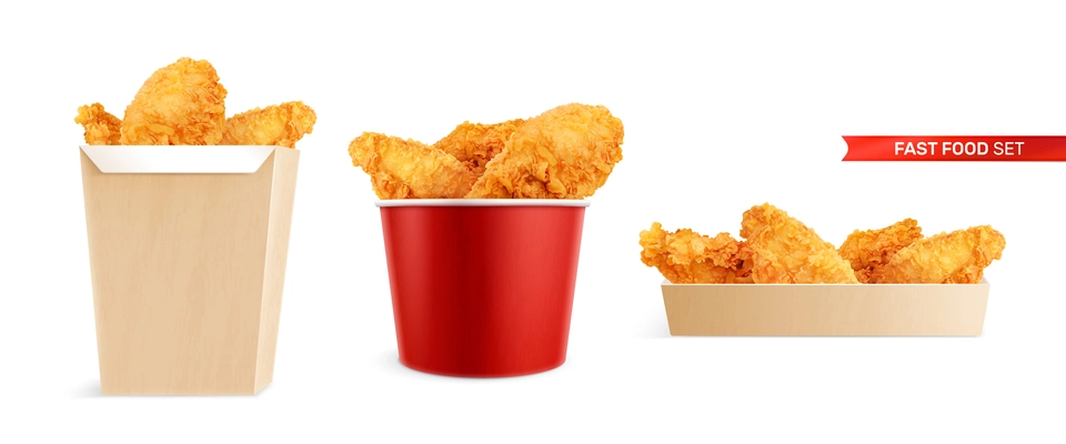 Chicken fast food buckets realistic set with isolated front view images of chicken wings in boxes vector illustration