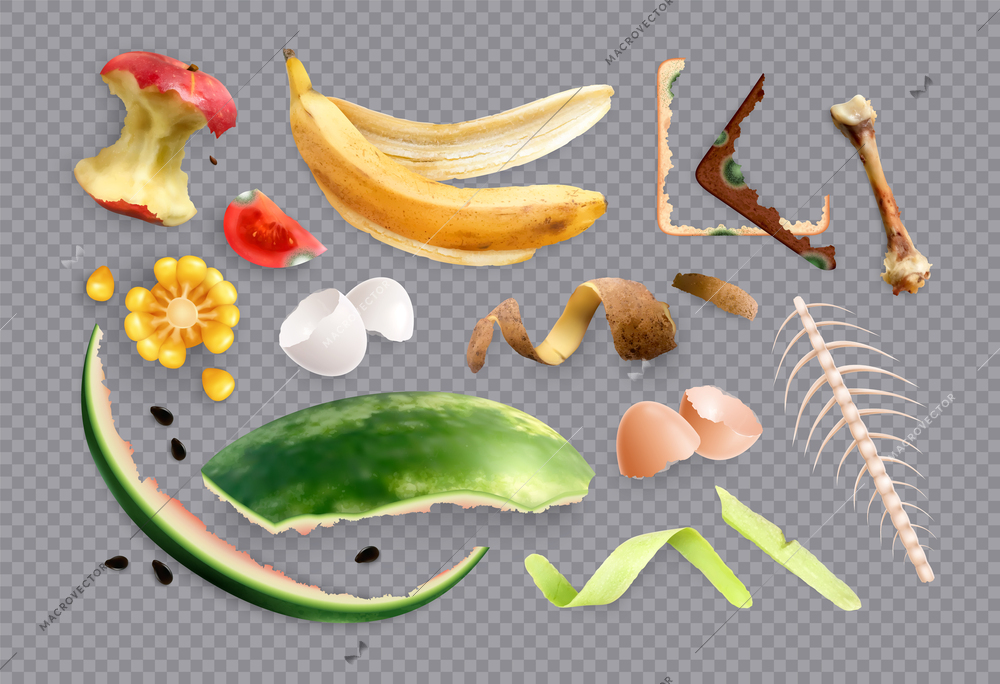 Food waste set with isolated realistic images of food scraps and organic leftovers on transparent background vector illustration