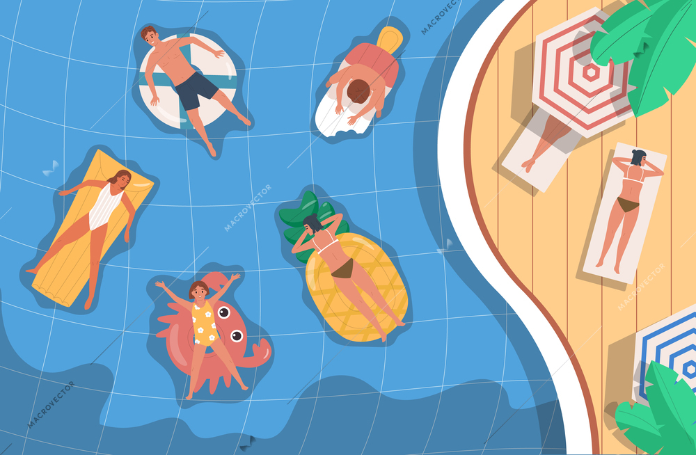 People lying on inflatable toys in swimming pool top view flat composition vector illustration
