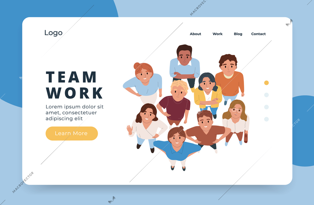 Team work flat horizontal web site banner with group of happy people looking up top view vector illustration