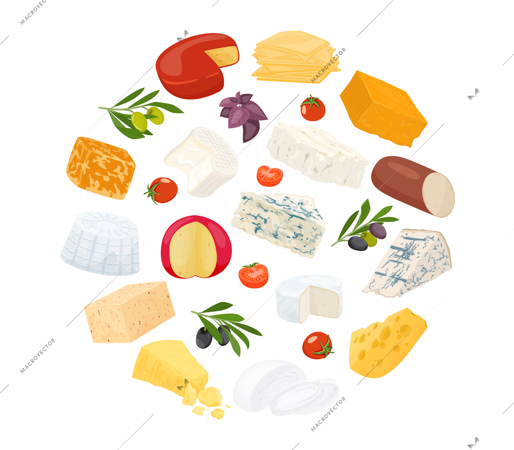 Cheese flat round composition with different types of cheese whole and sliced into pieces vector illustration