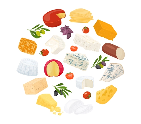 Cheese flat round composition with different types of cheese whole and sliced into pieces vector illustration