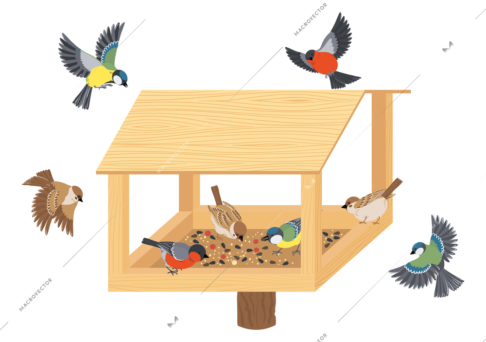 Birds cartoon composition with isolated images of birds flying around wooden feeding box with grain seed vector illustration