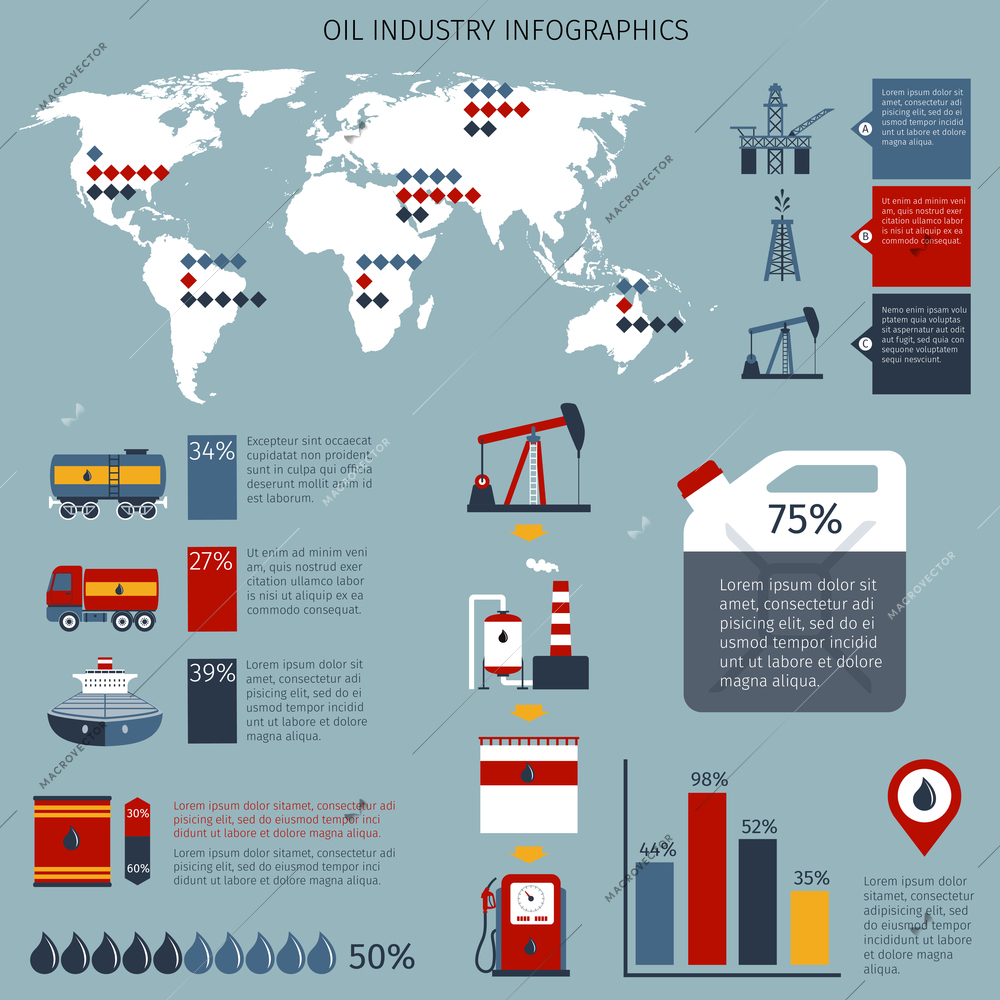 Oil industry infographics set with fuel shipping refinery and drilling charts and world map vector illustration
