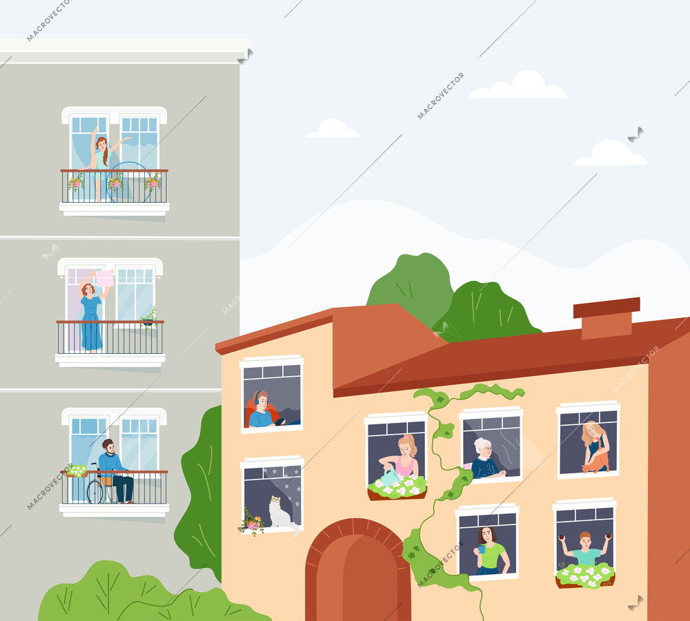 Neighbours flat urban composition with different types of people standing on balconies or looking out of windows vector illustration