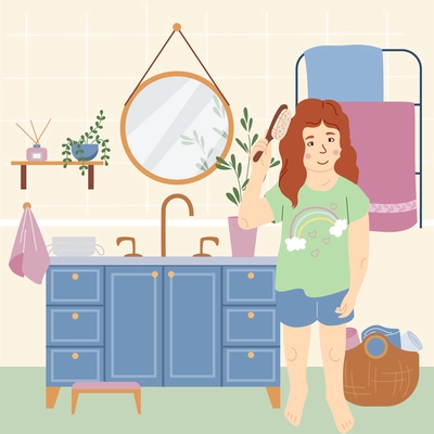 Childish daily hygiene flat background with little girl combing her hair after morning wash vector illustration