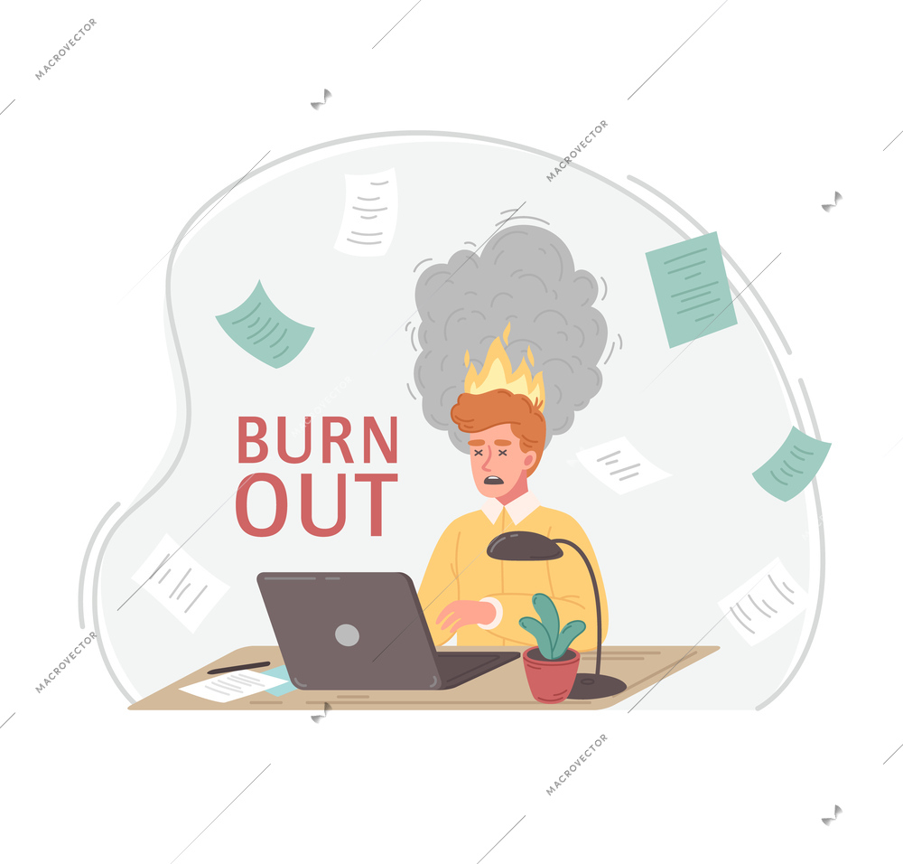 Professional burnout cartoon composition with mentally exhausted man with burning head working on laptop vector illustration